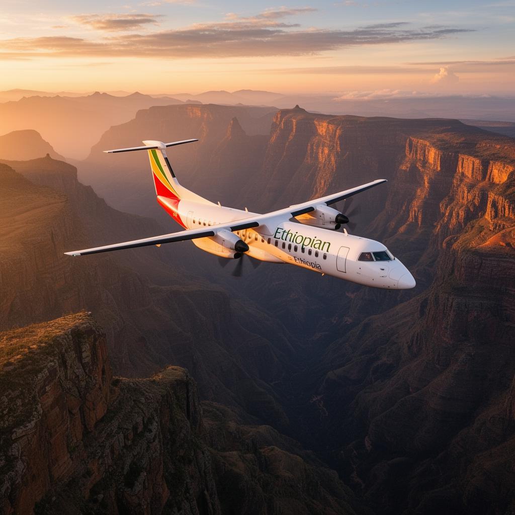 Ethiopian Airlines Q400 turboprop over the Simien Mountains at golden hour