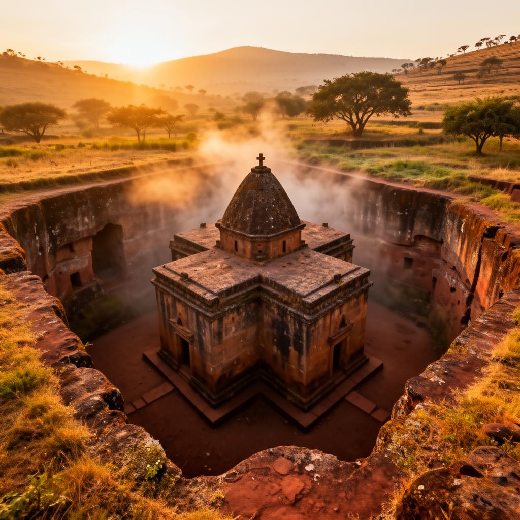 Bete Giyorgis rock-hewn church in Lalibela at sunrise