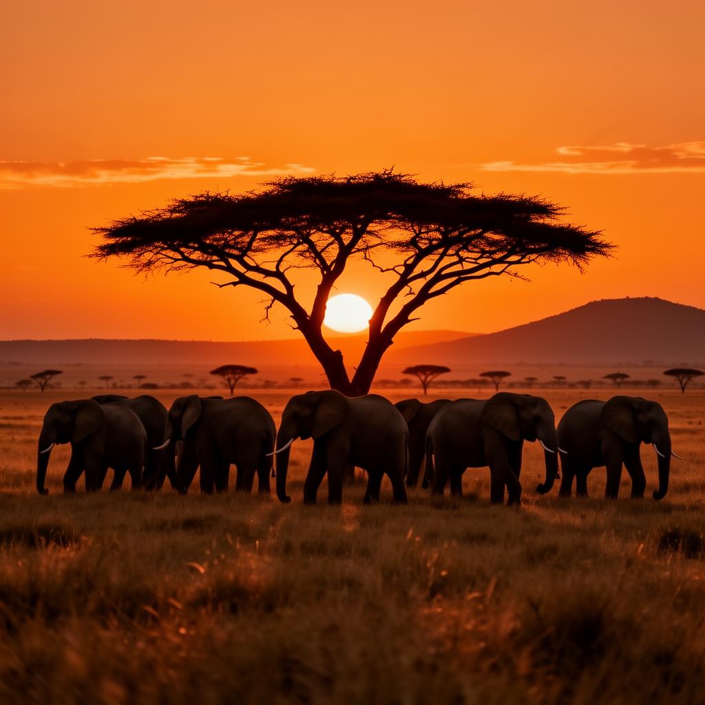 Elephants on the East African savannah at sunset under an acacia tree